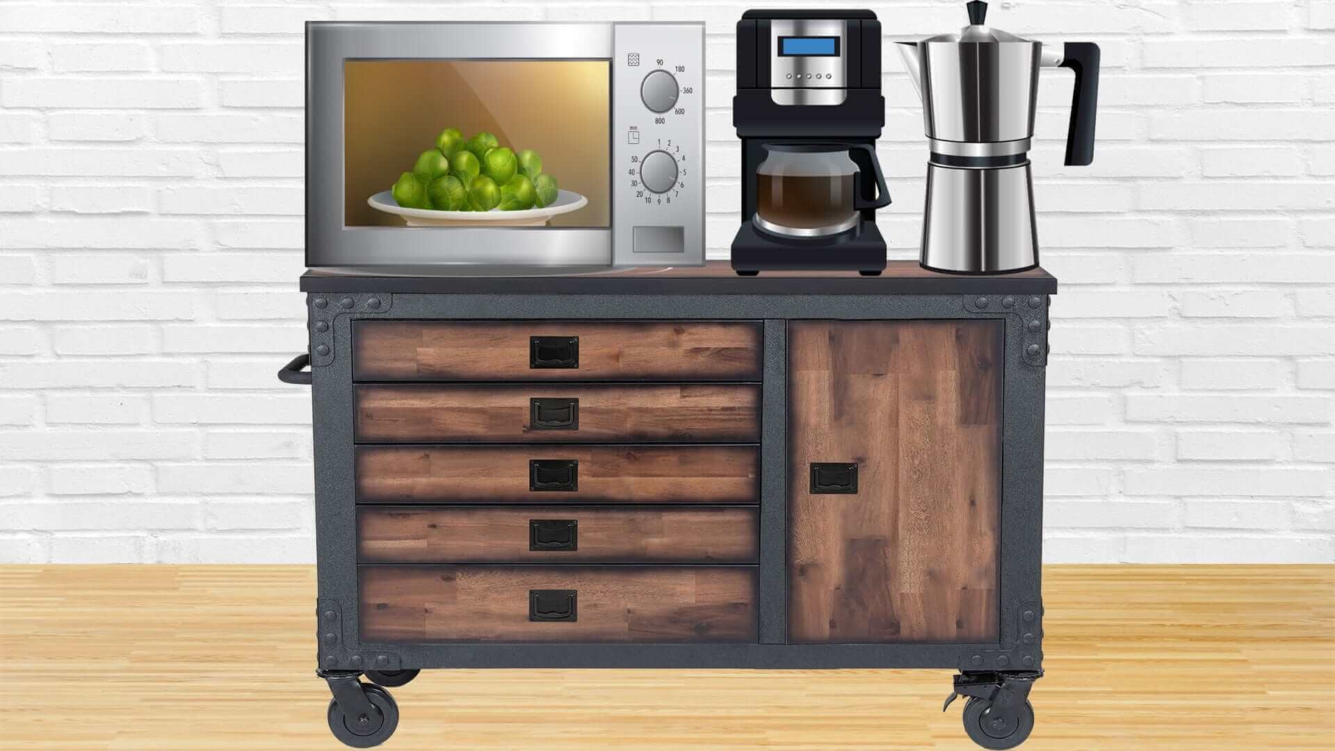 Duramax tool chest with wood top, microwave, coffee maker, and storage drawers against a brick wall.