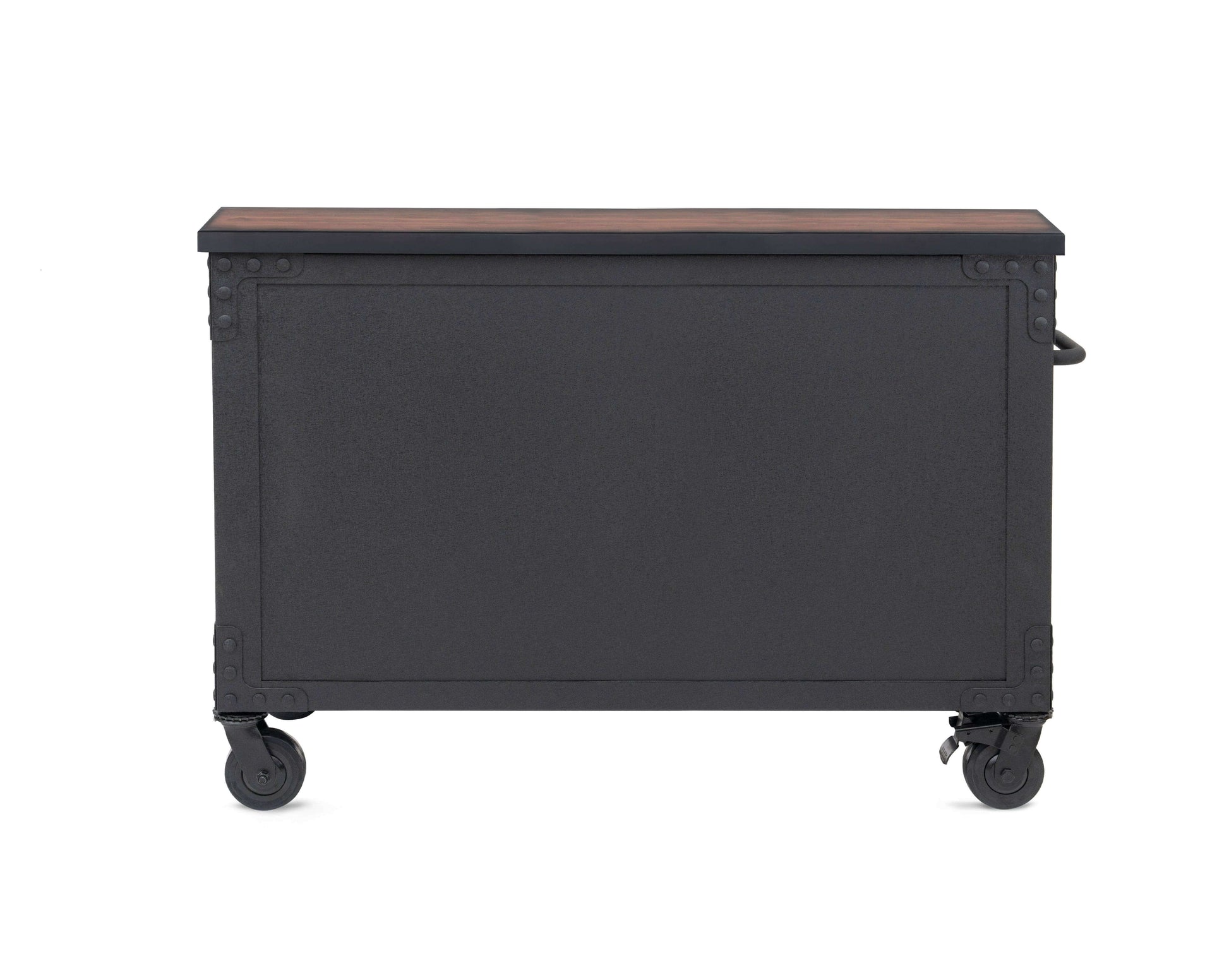 Duramax 48" rolling tool chest with wood top, five drawers, and wheels for easy mobility.