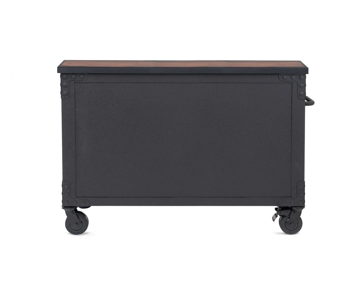 Duramax 48" rolling tool chest with wood top, five drawers, and wheels for easy mobility.