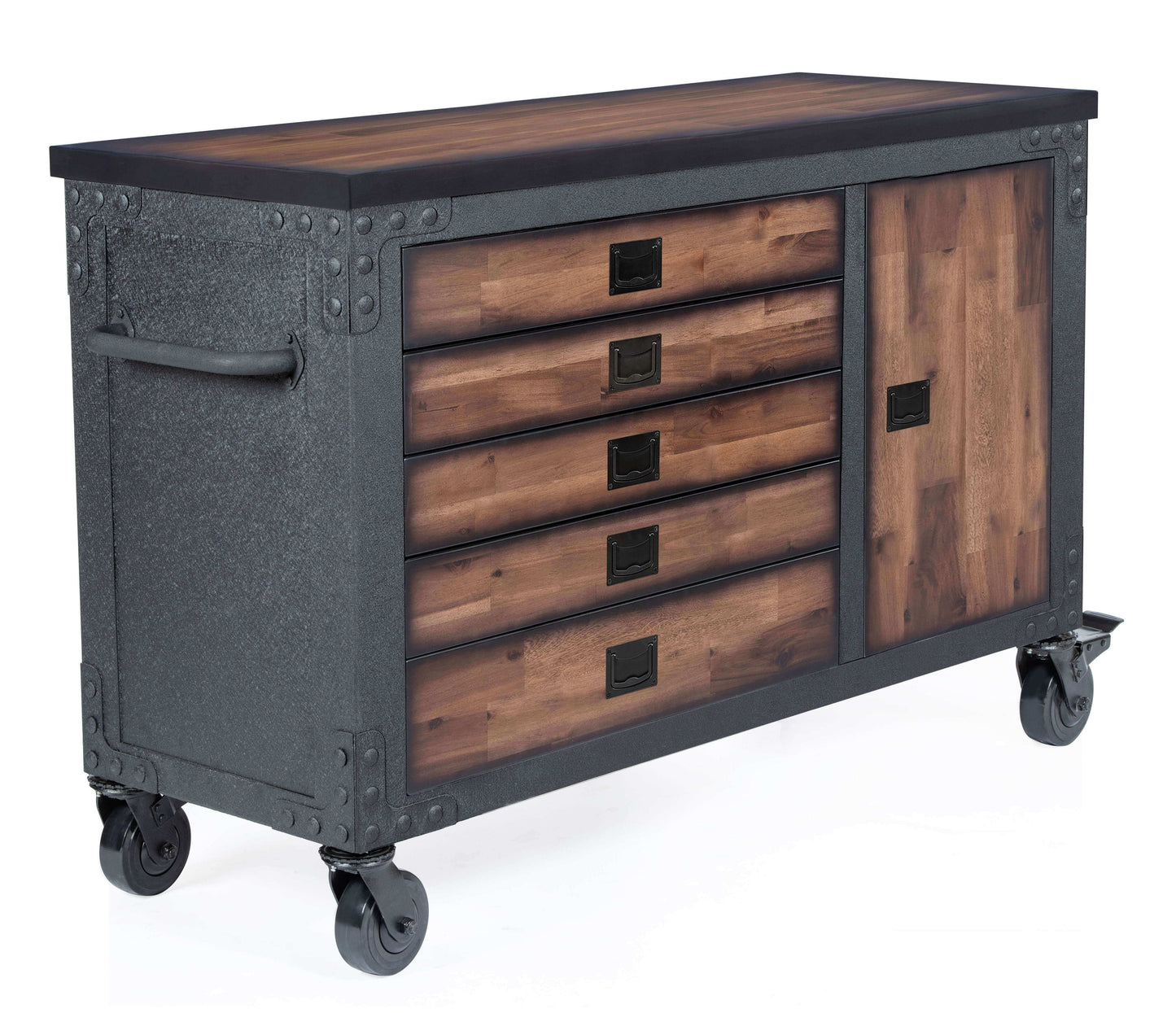 Duramax 48" Rolling Tool Chest with 5 drawers and wood top, ideal for garage or workshop storage.