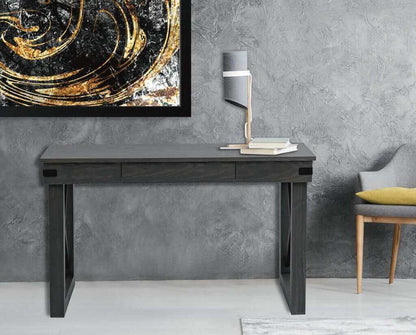 Duramax 48 In Felix Wood Desk with Drawer 68040 in modern home setting against textured gray wall, stylish lamp and artwork.