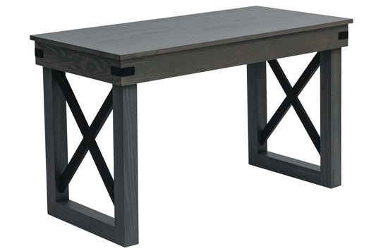 Duramax 48 In Felix Wood Desk in gray with X-shaped legs and ample surface for a computer or laptop. 