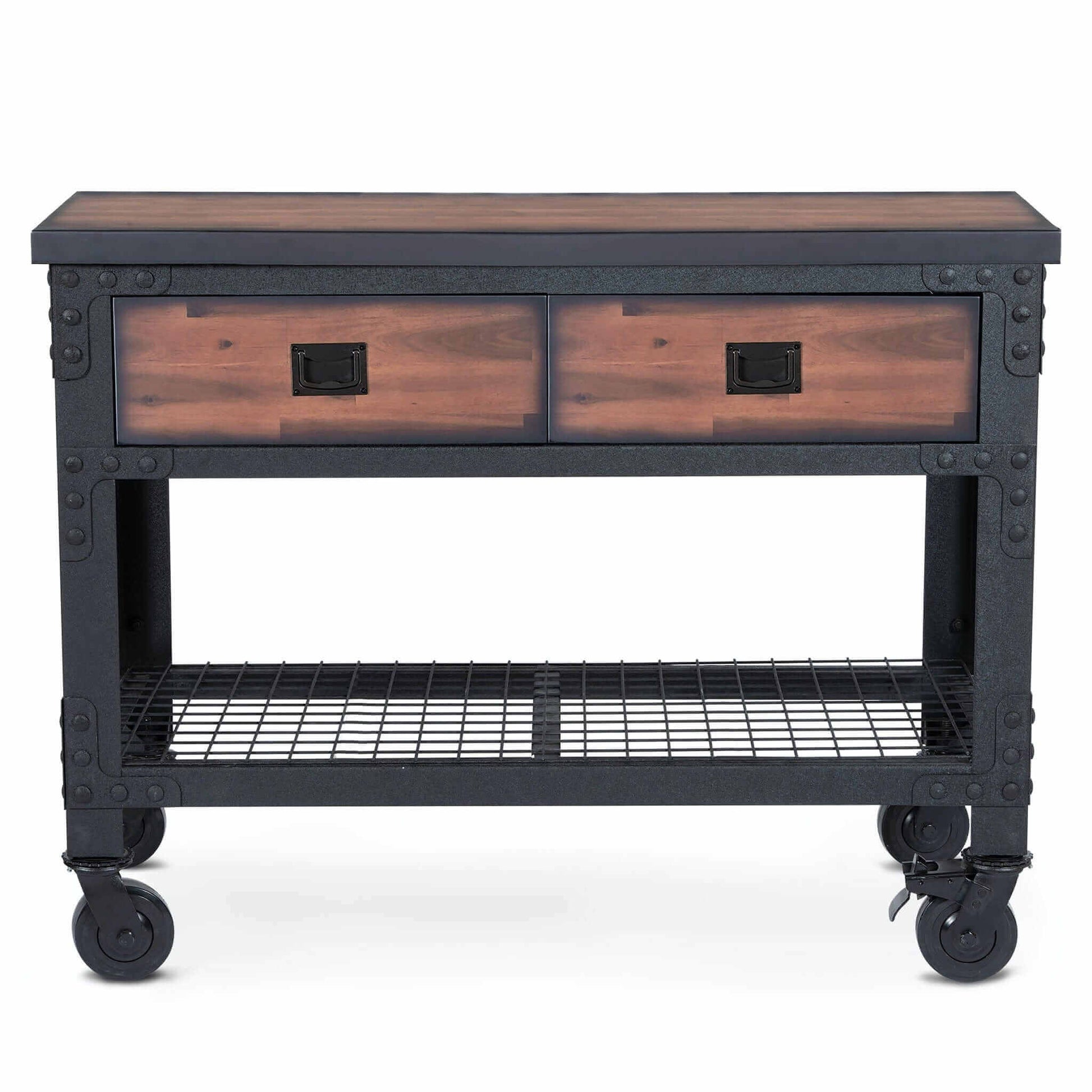 Duramax 48x24 in 2-drawer rolling industrial workbench with wooden top and metal frame.