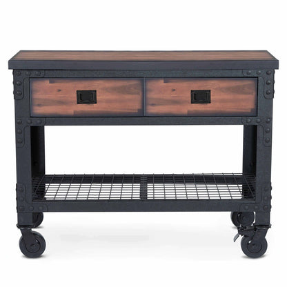 Duramax 48x24 in 2-drawer rolling industrial workbench with wooden top and metal frame.