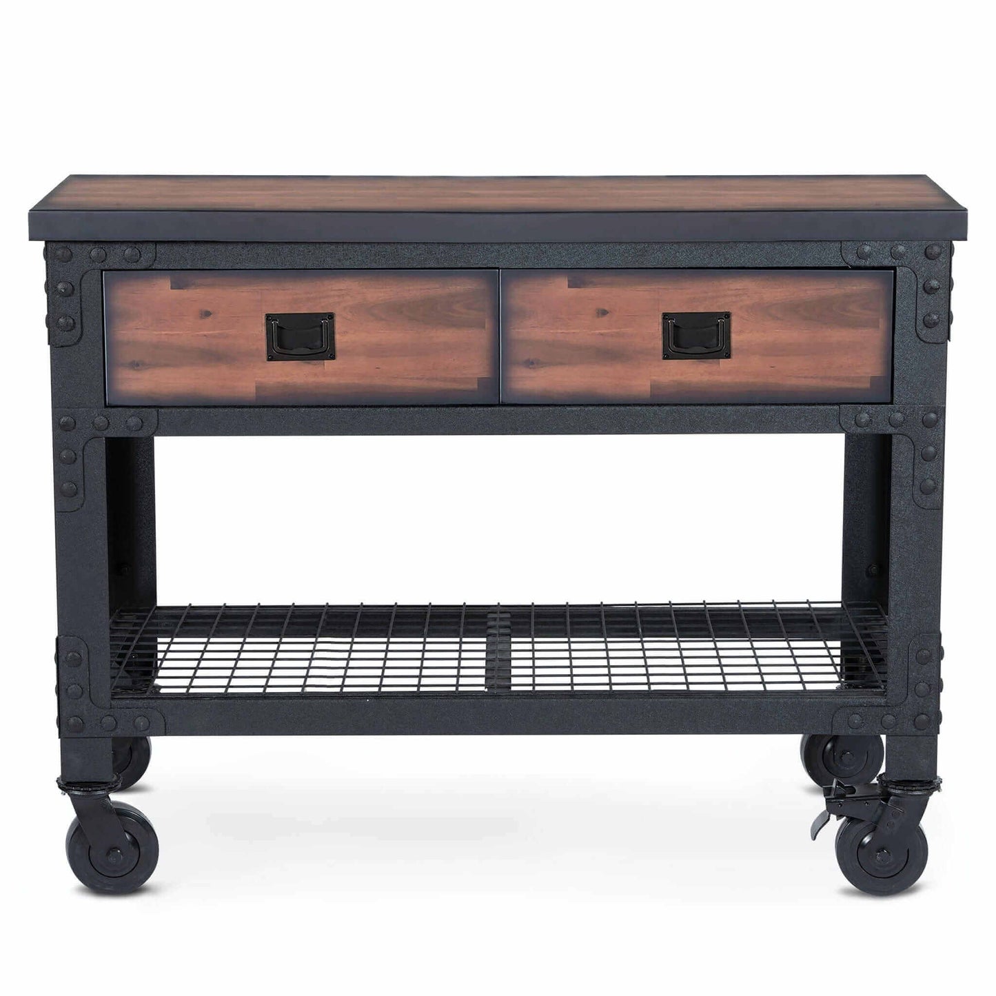 Duramax 48x24 in 2-drawer rolling industrial workbench with wooden top and metal frame.