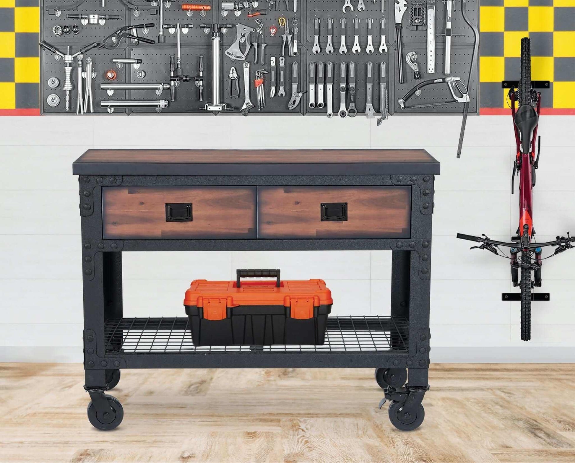 Duramax 48x24 2-drawer rolling industrial workbench with tools in the background, suitable for workshops and garages.