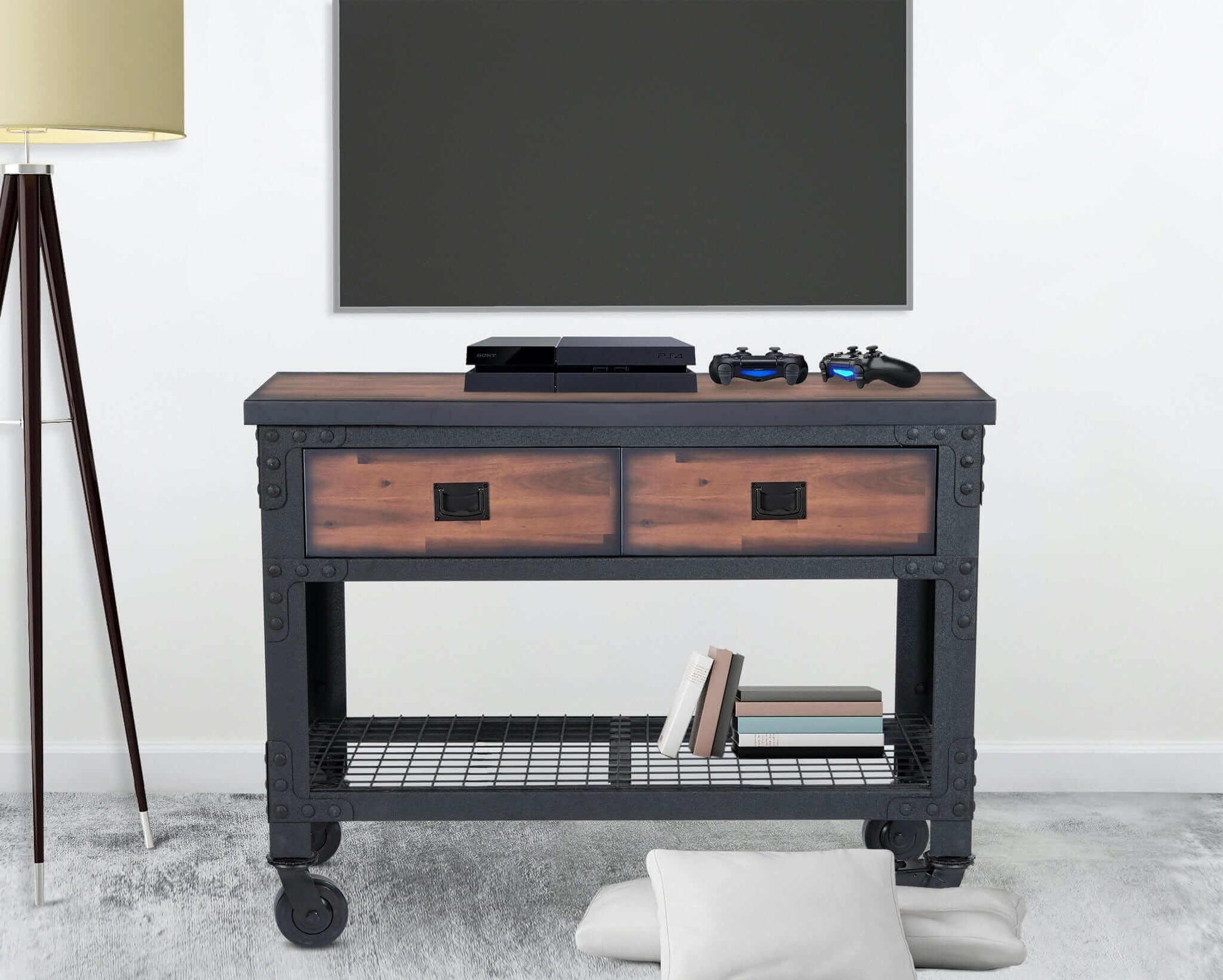 Duramax 48" x 24" industrial workbench with two drawers and storage shelf, styled in a modern living space.