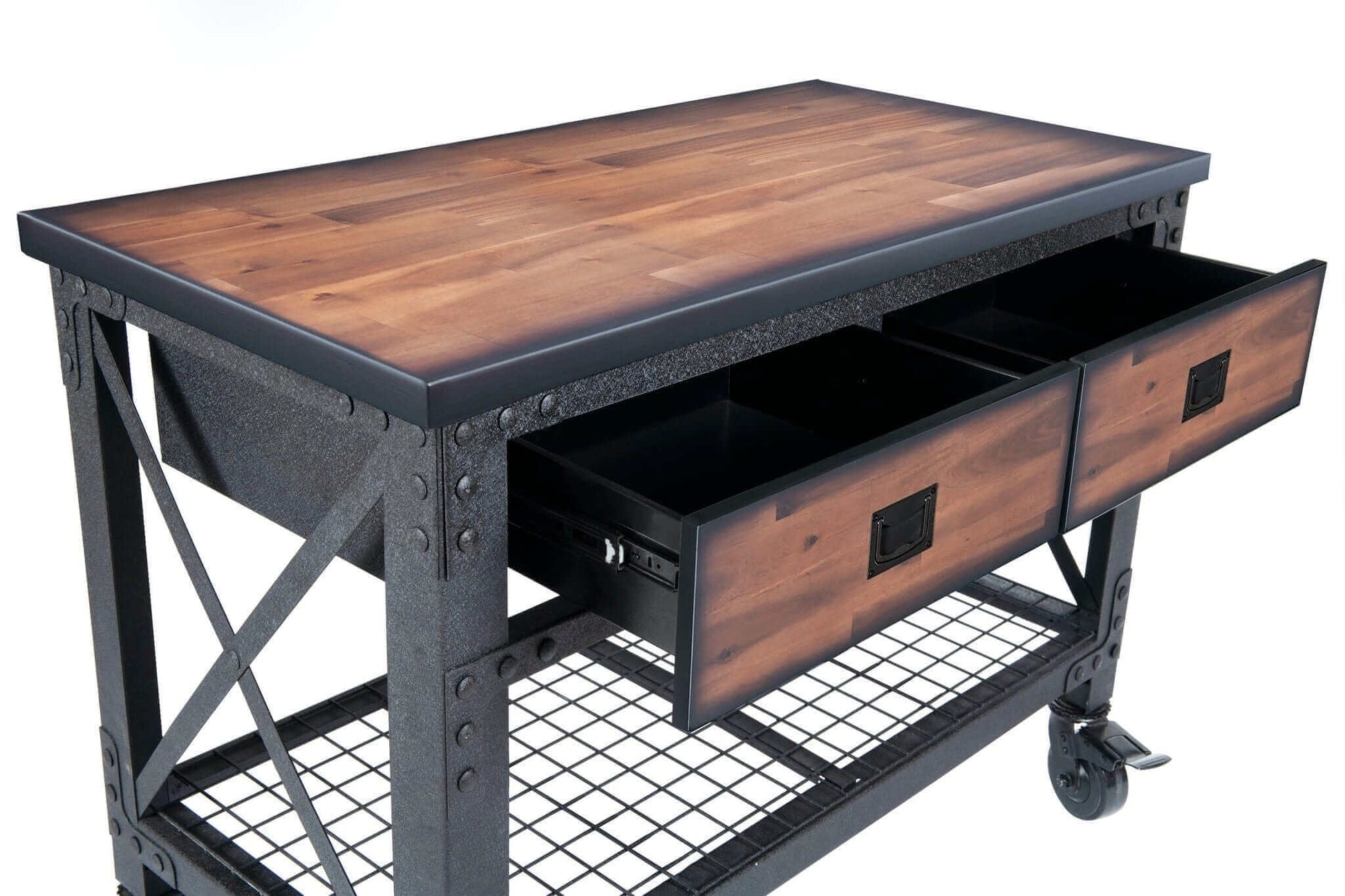 Duramax 48 x 24 in 2-Drawer Rolling Industrial Workbench with wooden top and open drawers, perfect for versatile workspace.