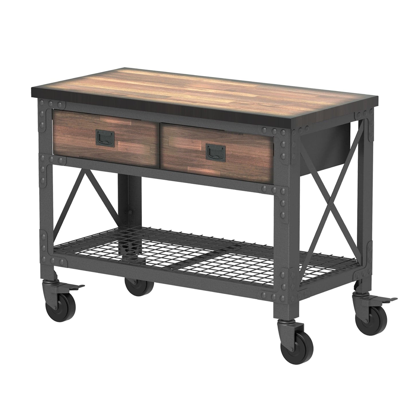 Duramax 48x24 inch 2-drawer rolling industrial workbench with wood top and metal frame on wheels.