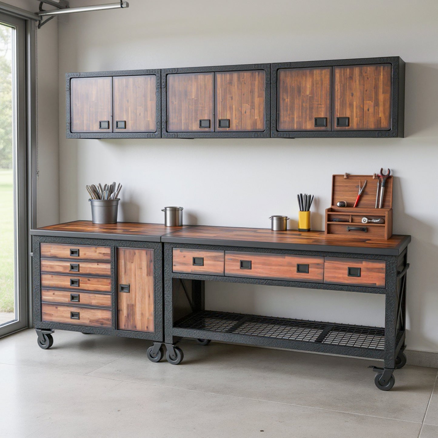 Duramax 5-Piece Garage Storage Combo Set w/ Workbench, Tool Chest and Wall Cabinets 5PWBTC3WC featuring industrial design.