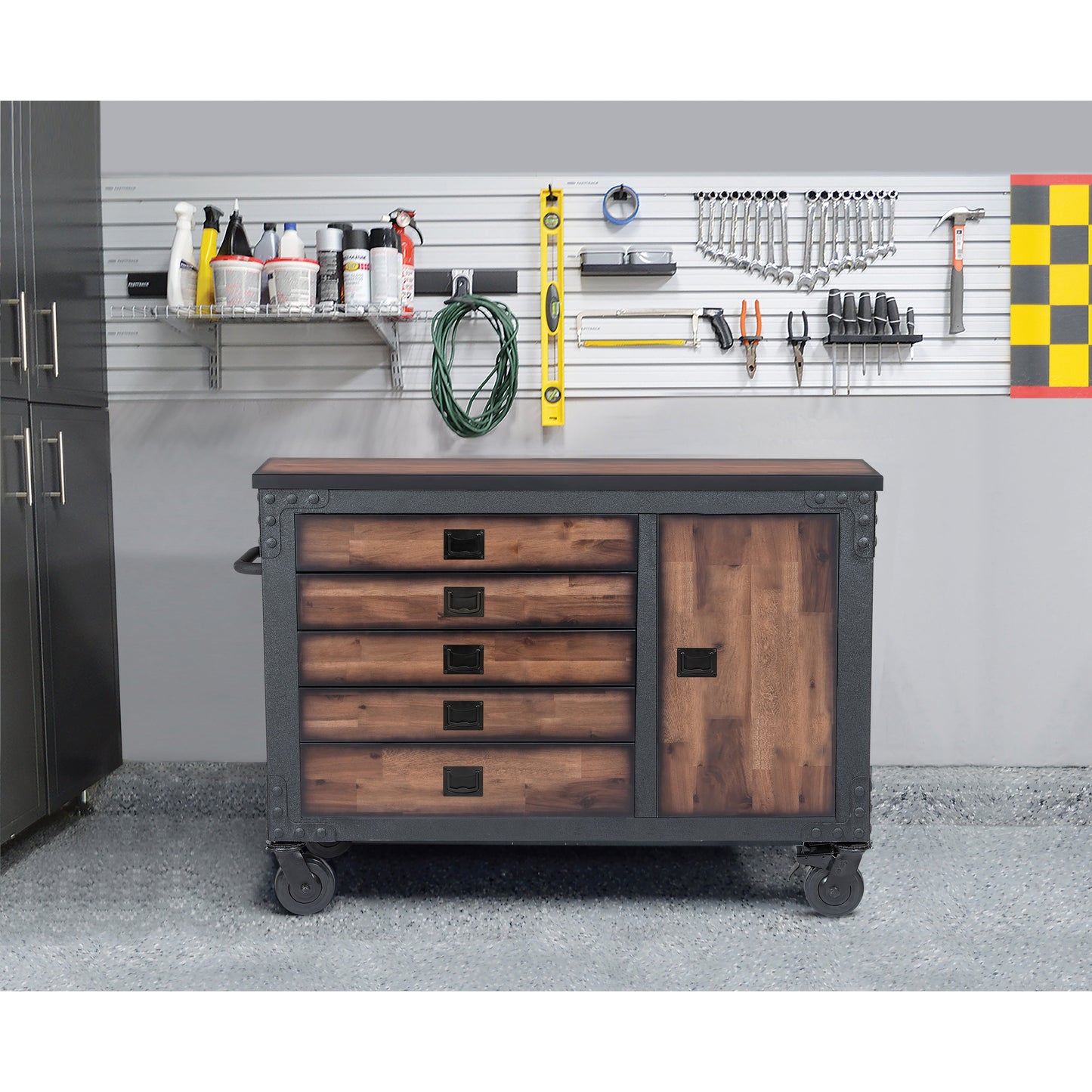Duramax 5-Piece Garage Storage Combo Set w/ Workbench, Tool Chest and Wall Cabinets 5WBTC3WC showcased in a garage.