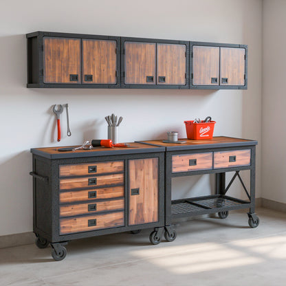 Duramax 5-Piece Garage Storage Combo Set w/ Workbench, Tool Chest and Wall Cabinets 5WBTC3WC in industrial design with wood accents.