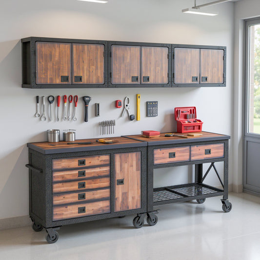 Duramax 5-Piece Garage Storage Combo Set w/ Workbench, Tool Chest and Wall Cabinets 5WBTC3WC in an industrial garage setting. 