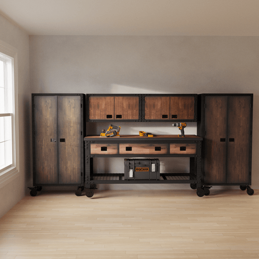 Duramax 5-Piece Garage Storage Combo Set w/ Workbench, Wall Cabinets and Free Standing Cabinets 5P1WB2WC2FC 