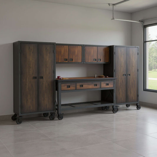 Duramax 5-Piece Garage Storage Combo Set w/ Workbench, Wall Cabinets and Free Standing Cabinets 5P1WB2WC2FC in a modern garage. 
