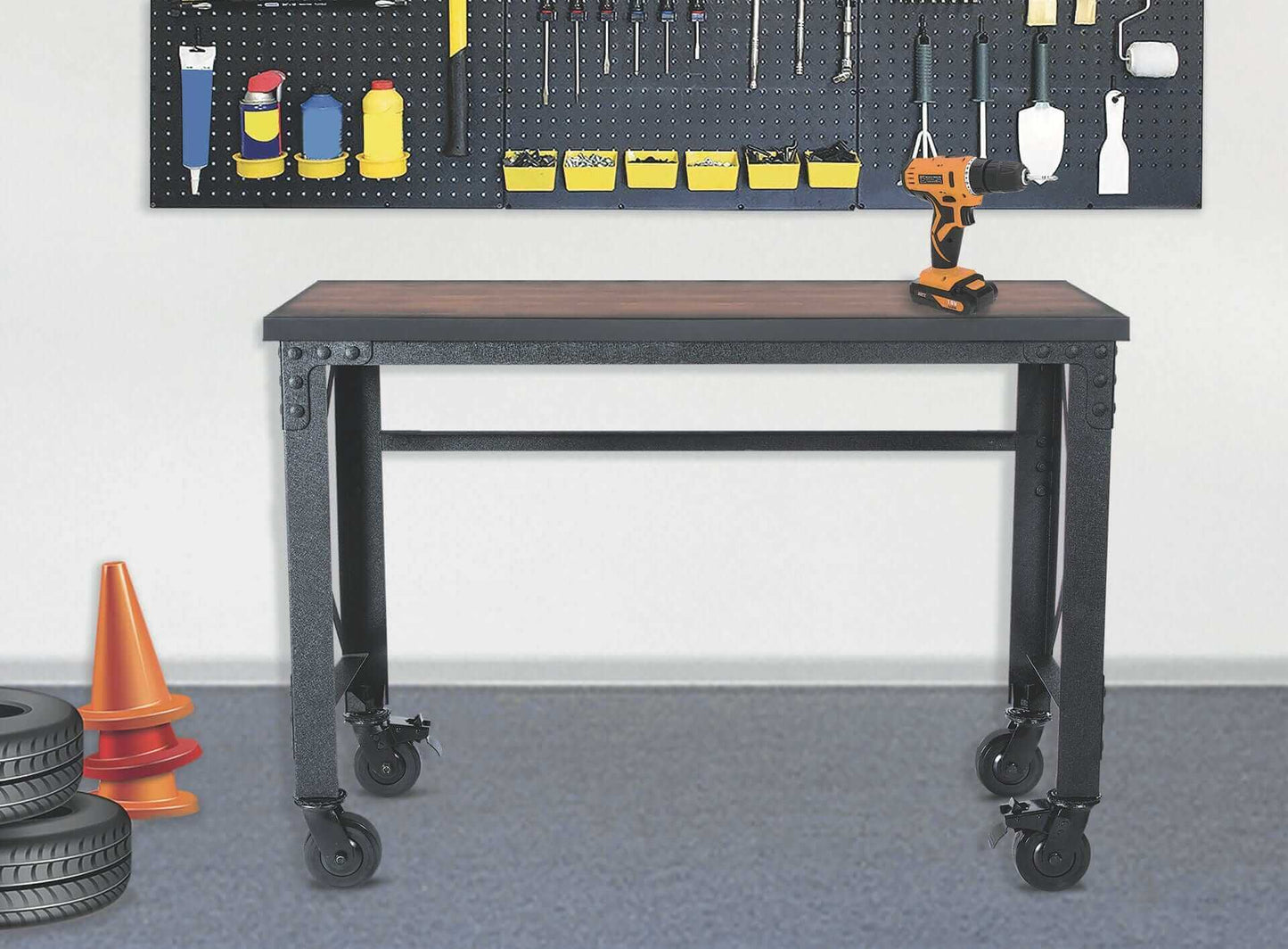 Duramax 52x24 Rolling Industrial Worktable with wooden top and caster wheels, set against a tool wall.