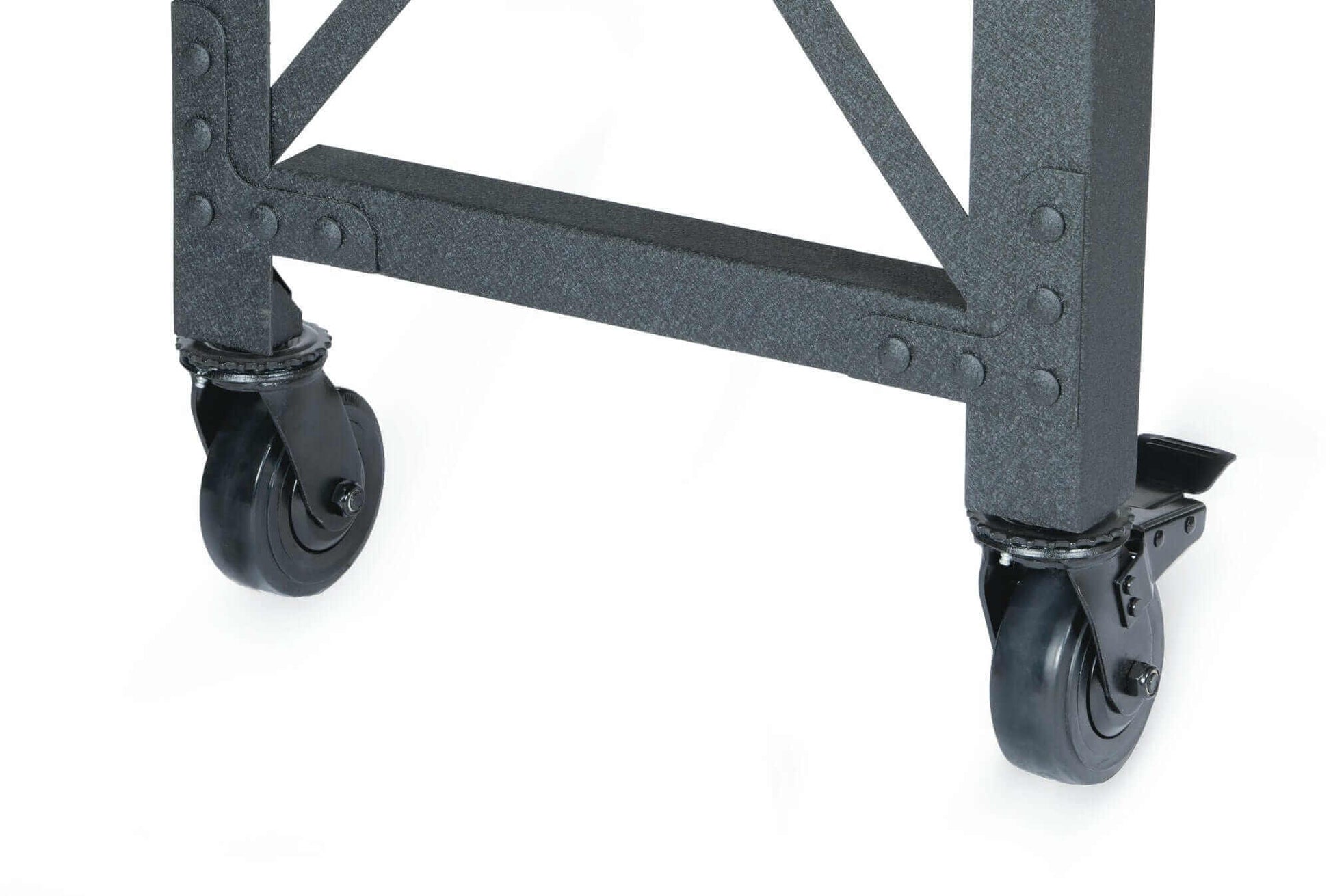 Close-up of the sturdy caster wheels on a Duramax industrial rolling worktable for easy mobility.