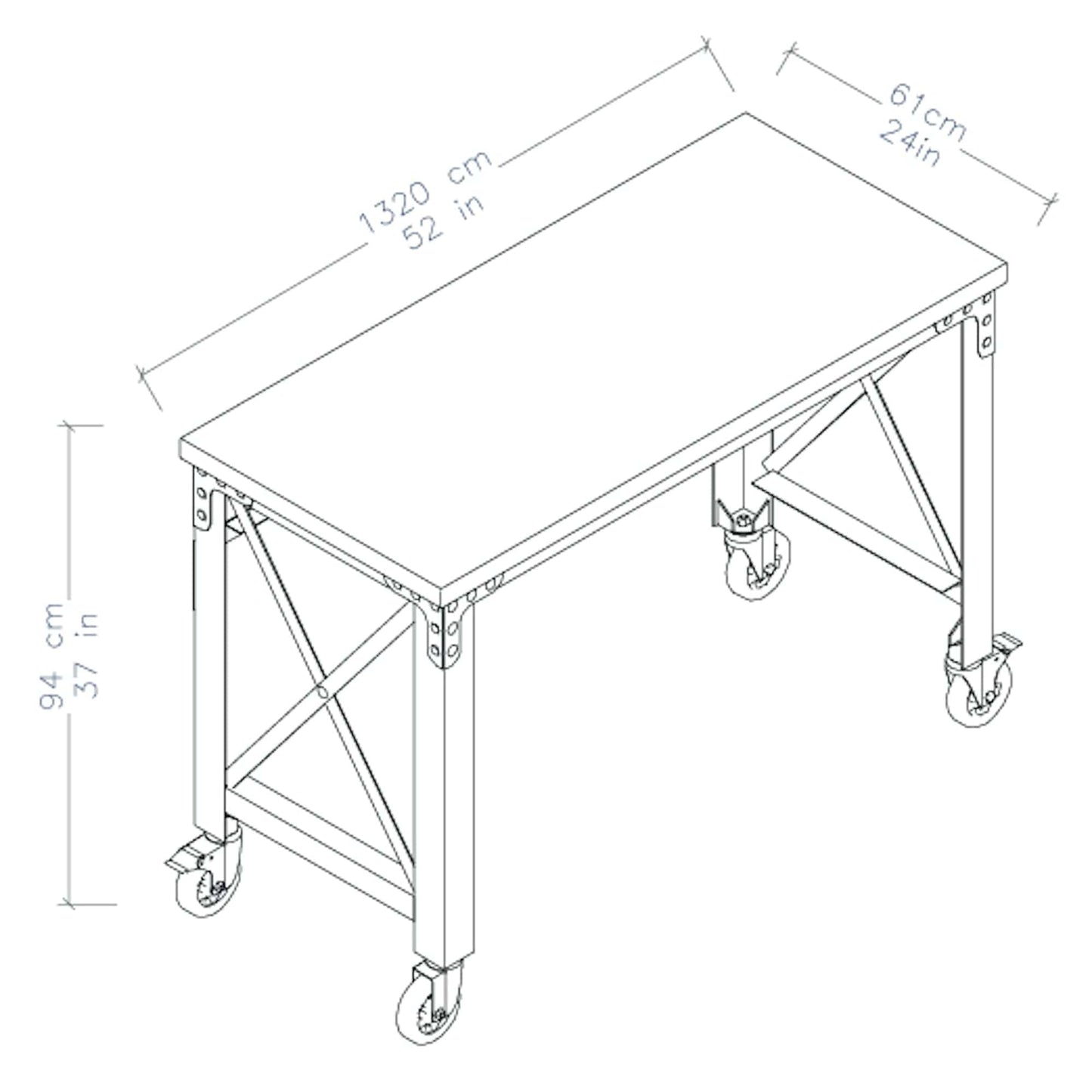 Duramax 52x24 inch rolling industrial worktable with caster wheels and dimensions for workspace planning.