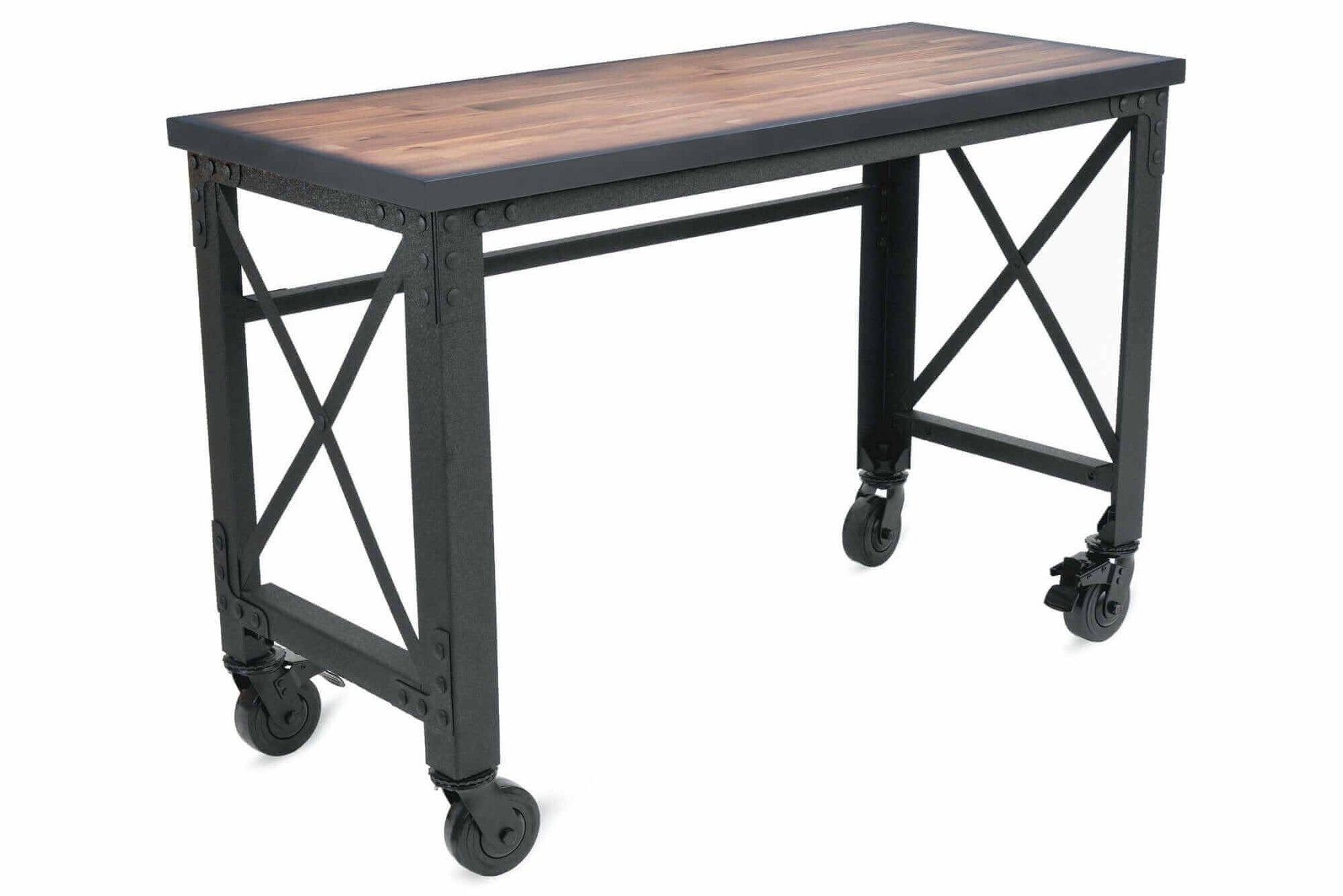 Duramax 52 In x 24 In Rolling Industrial Worktable with wheels and wooden top, perfect for versatile workspace needs.