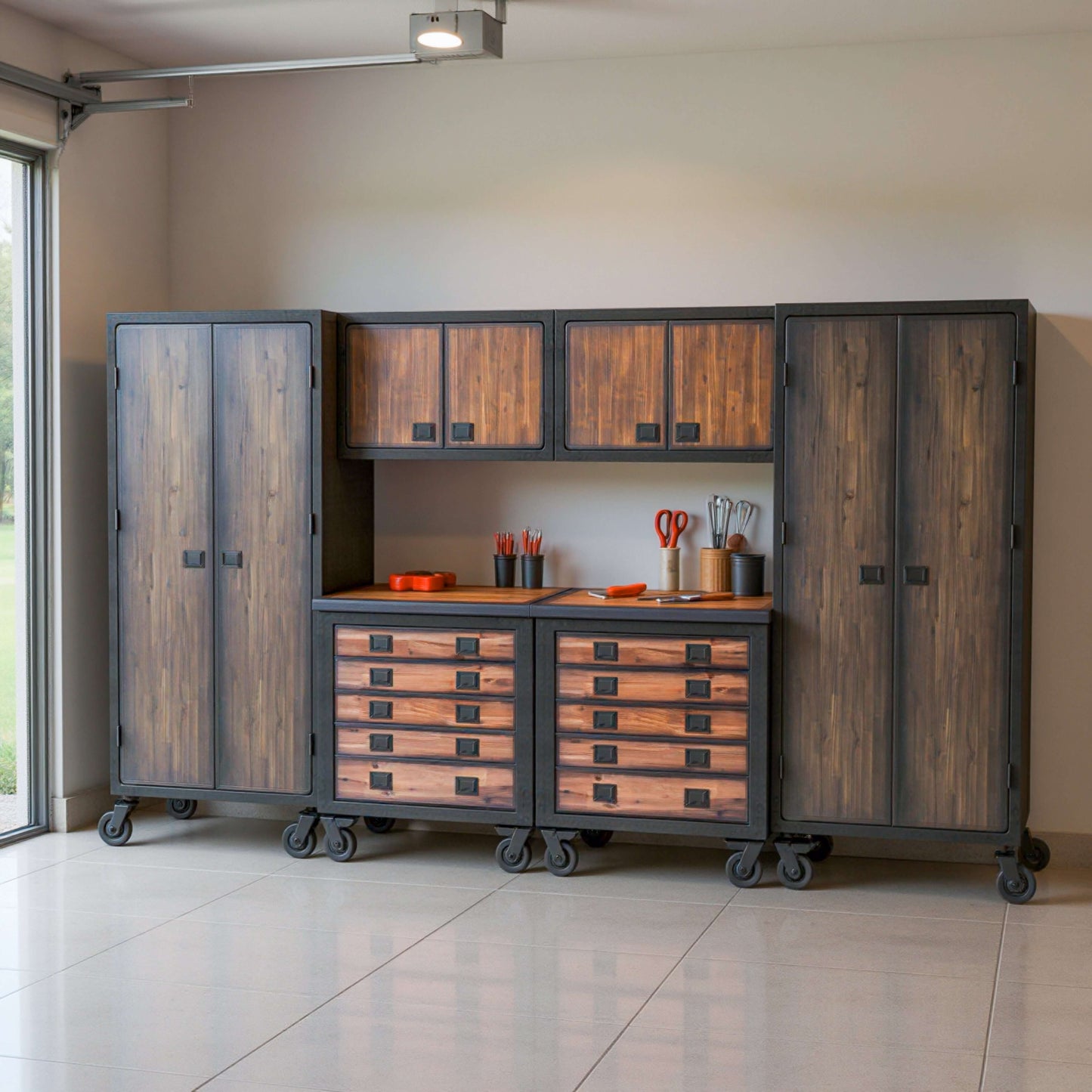 Duramax 6-Piece Garage Storage Combo Set w/ Tool Chests, Wall Cabinets and Free Standing Cabinets 6P2TC2WC2FC in modern garage