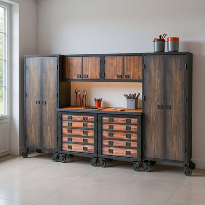 Duramax 6-Piece Garage Storage Combo Set w/ Tool Chests, Wall Cabinets and Free Standing Cabinets 6P2TC2WC2FC in industrial design.