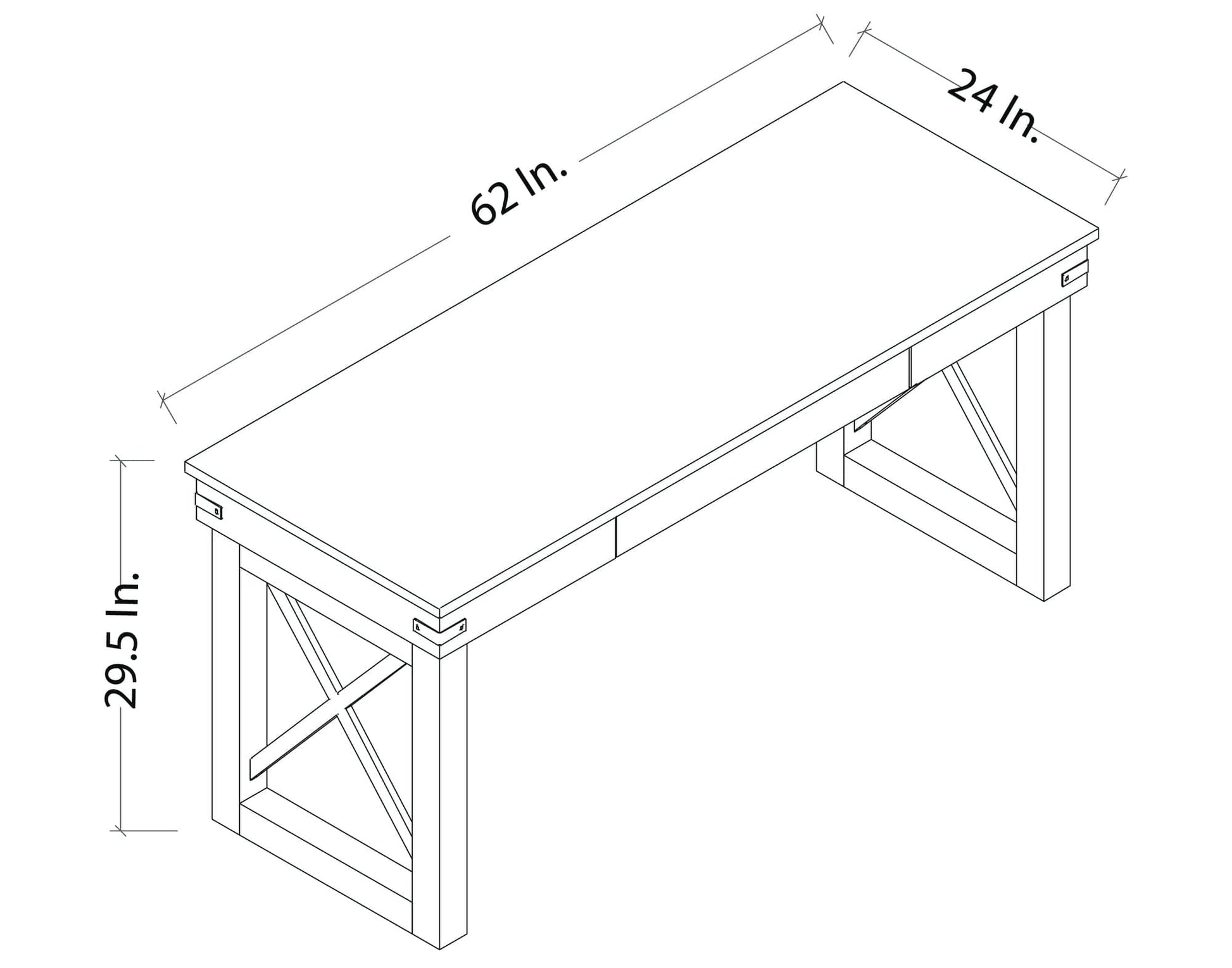 Diagram of Duramax 62 In Felix Wood Desk dimensions: 62 In x 24 In x 29.5 In, showcasing its stylish design.