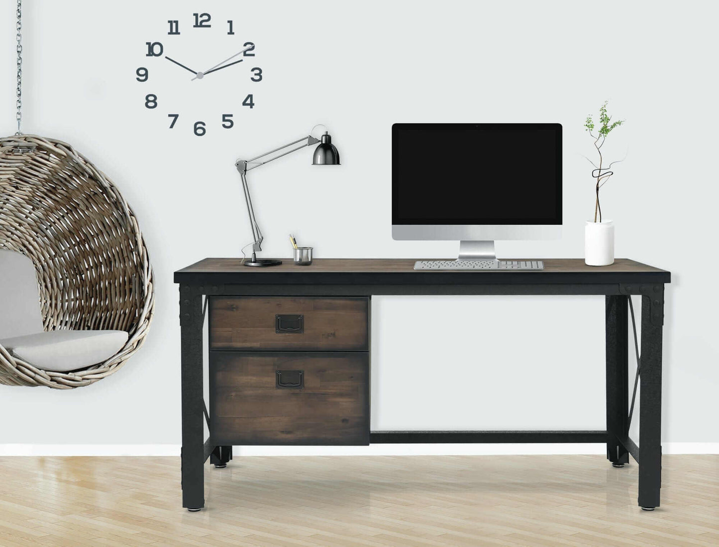 Duramax 62" Jackson Industrial Metal & Wood desk with drawers, lamp, and computer in modern home office setting.