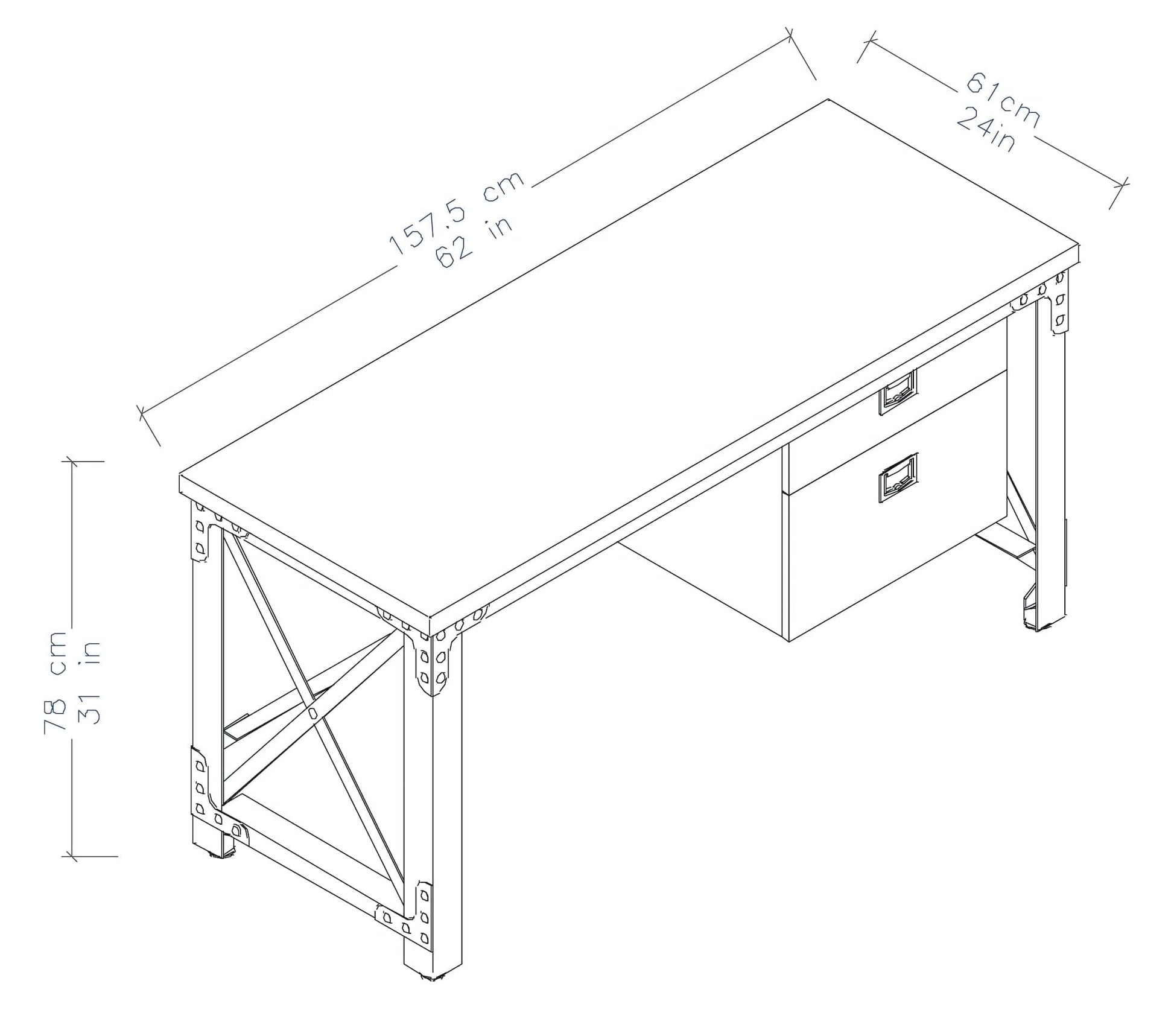 Duramax 62" Jackson Industrial Metal & Wood desk with drawers, dimensions 62x24x31 inches.