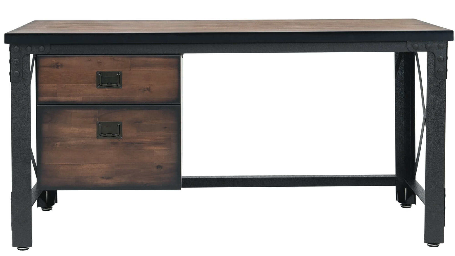 Duramax 62-inch Jackson industrial metal and wood desk with two drawers, combining style and functionality.