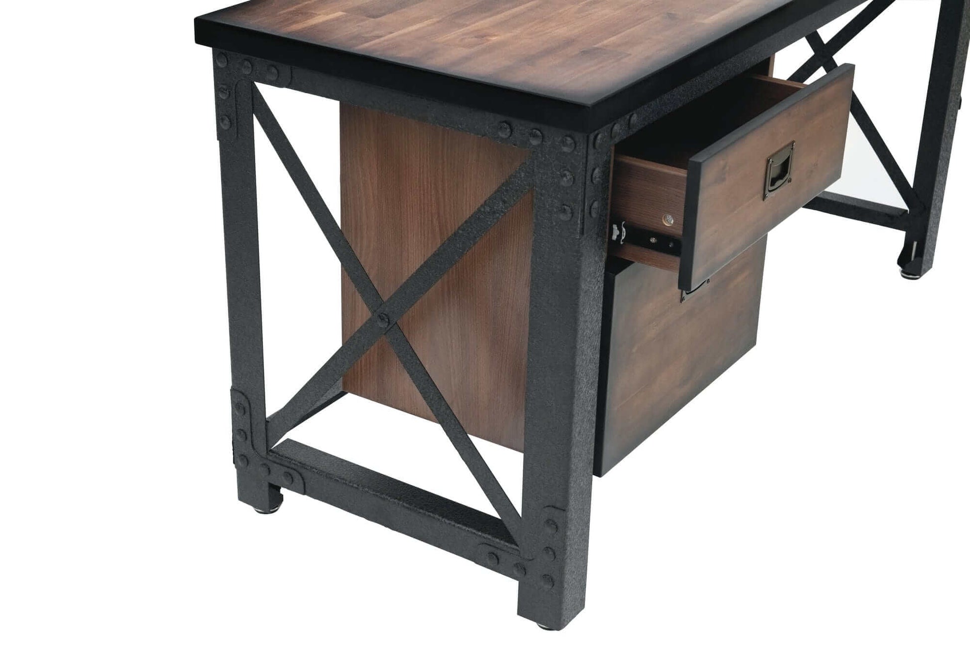 Duramax Jackson 62" Industrial Metal and Wood desk featuring a sturdy design with drawers and cross-brace support.