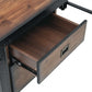 Close-up of Duramax Jackson Industrial desk drawer, showcasing rustic wood and metal design for storage.