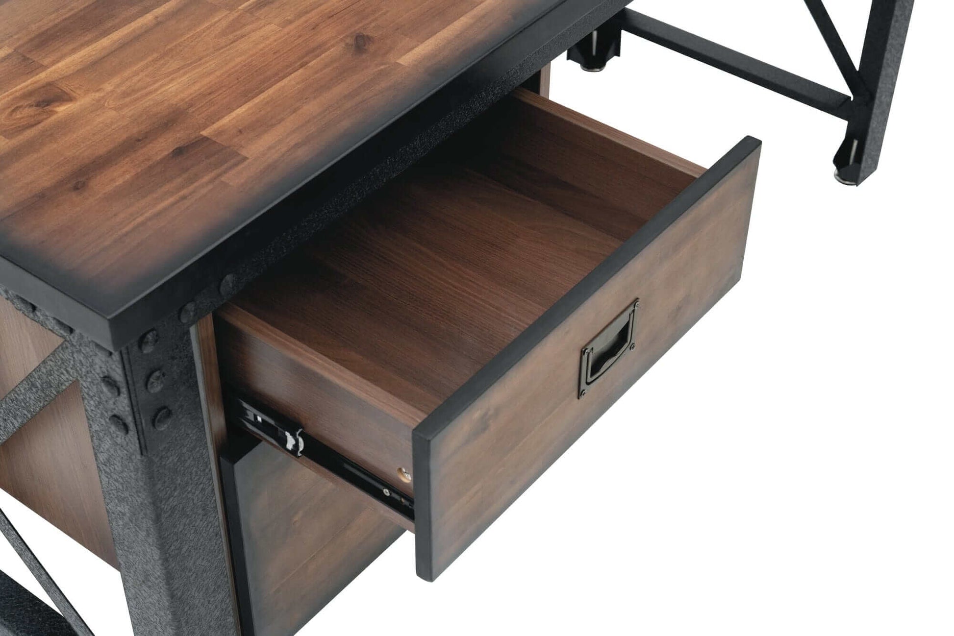 Close-up of Duramax Jackson Industrial desk drawer, showcasing rustic wood and metal design for storage.