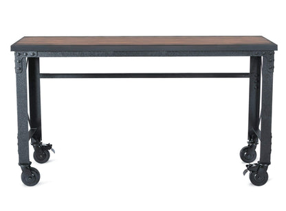 Duramax 62 In x 24 In Rolling Industrial Worktable with caster wheels and dark wooden top.