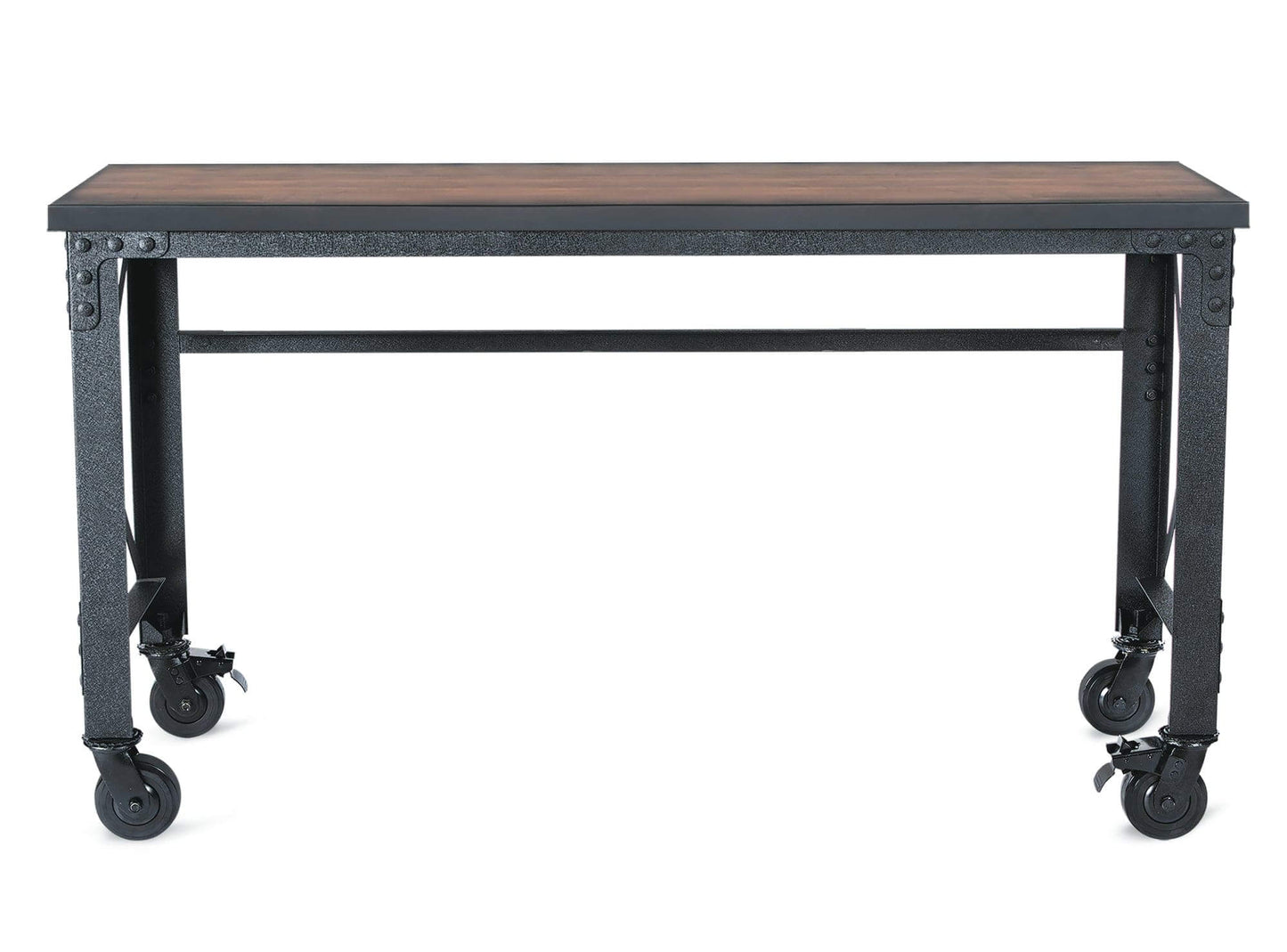 Duramax 62 In x 24 In Rolling Industrial Worktable with caster wheels and dark wooden top.