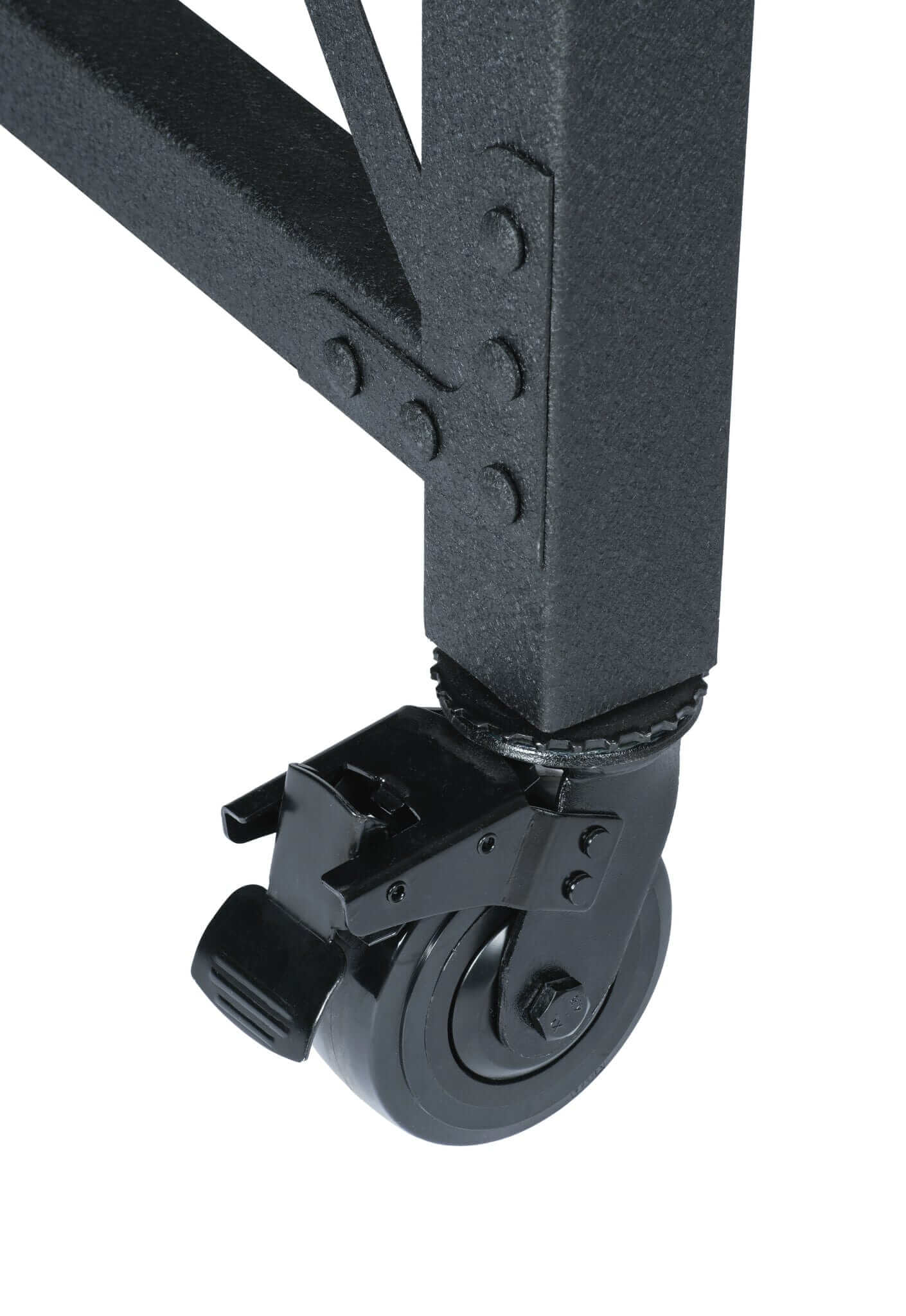 Close-up of caster wheel on Duramax rolling industrial worktable, showcasing sturdy construction and mobility features.