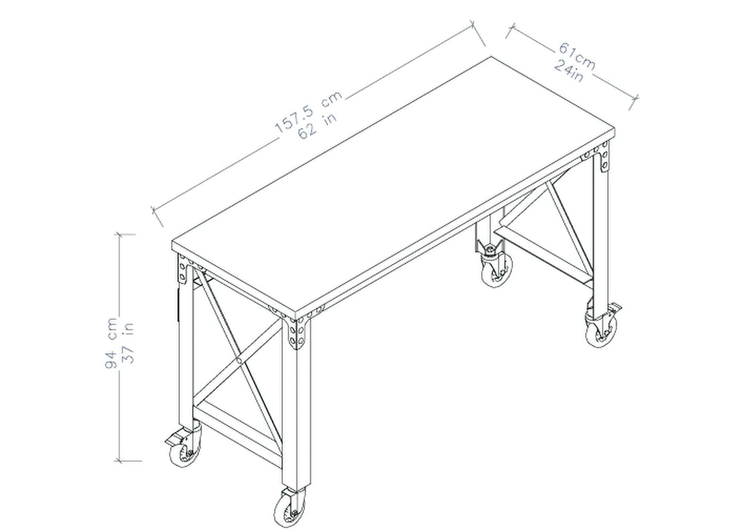 Duramax 62 In x 24 In Rolling Industrial Worktable dimensions illustration, showcasing robust features and caster wheels.