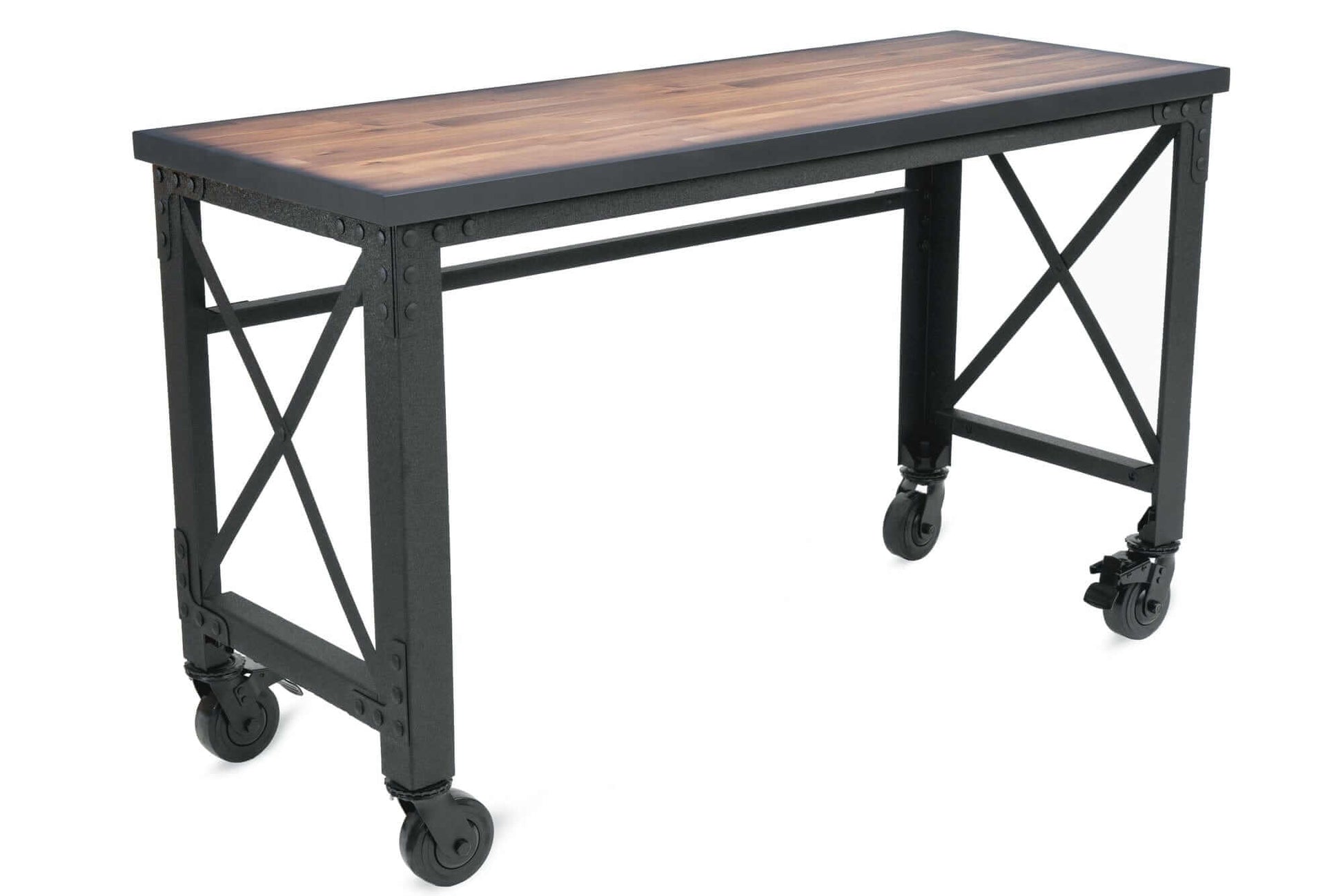 Duramax 62" x 24" rolling industrial worktable with dark wood top and sturdy metal frame.