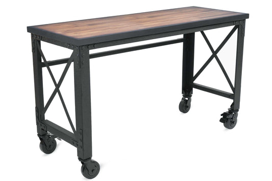 Duramax 62" x 24" rolling industrial worktable with dark wood top and sturdy metal frame. 