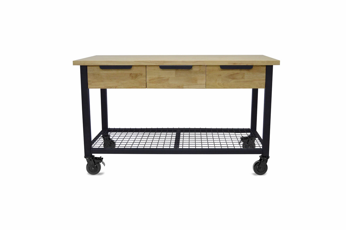 Duramax 62 In x 24 In Rove 3-Drawer Mobile Workbench with wood top and metal frame.