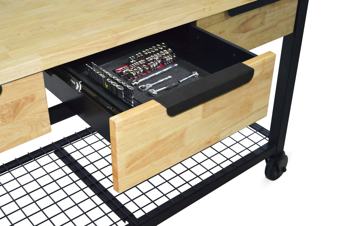 Close-up of Duramax Rove mobile workbench showing open drawer with tools and storage space.