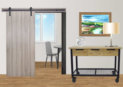 Stylish mobile workbench with drawers in modern interior featuring sliding door, table, and lamp.