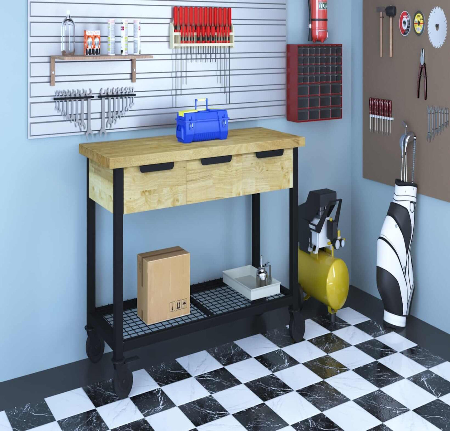 Duramax mobile workbench with three drawers, tools, and equipment in a modern garage setting.