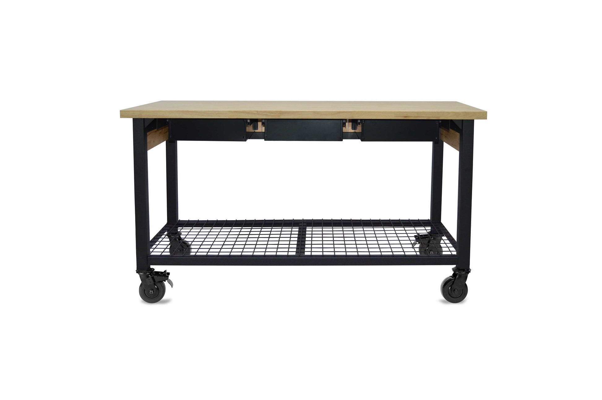 Duramax 62" x 24" Rove mobile workbench with three drawers and wheeled base for easy maneuverability.