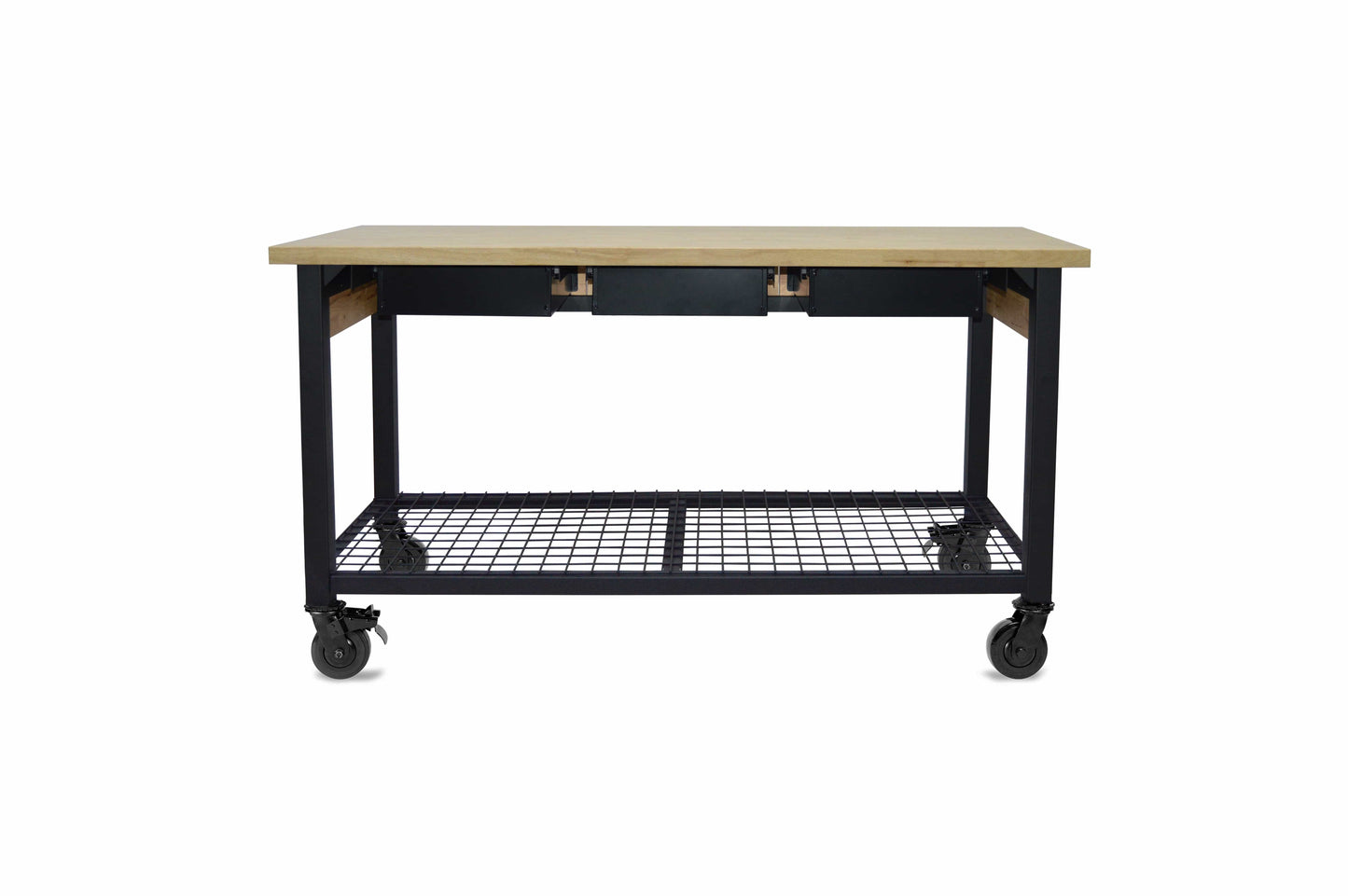 Duramax 62" x 24" Rove mobile workbench with three drawers and wheeled base for easy maneuverability.