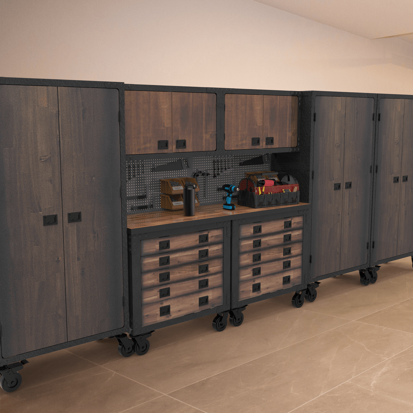 Duramax 7-Piece Garage Storage Combo Set w/ Tool Chests, Wall Cabinets and Free Standing Cabinets 7P2TC2WC3FC in a garage