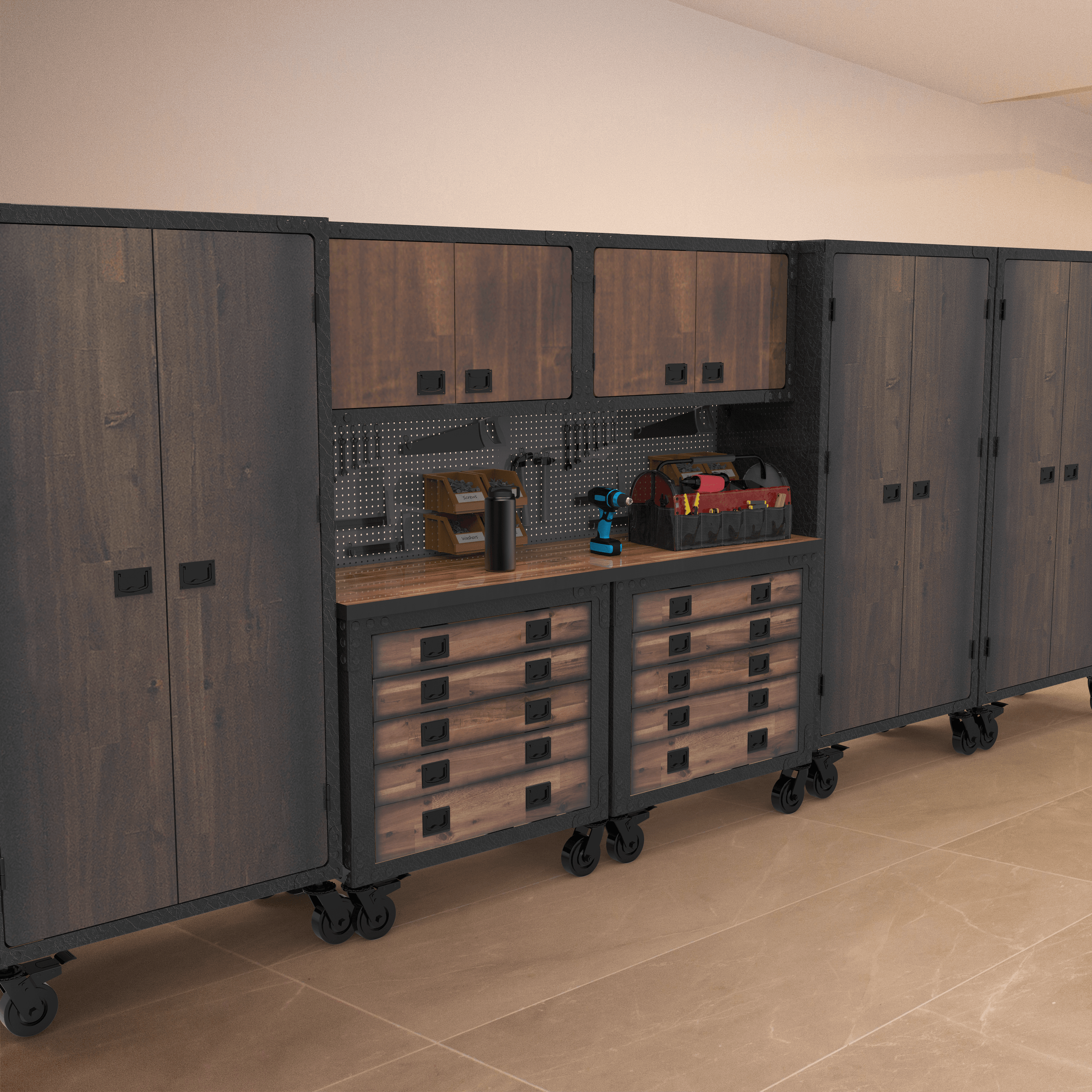 Duramax 7-Piece Garage Storage Combo Set w/ Tool Chests, Wall Cabinets and Free Standing Cabinets 7P2TC2WC3FC