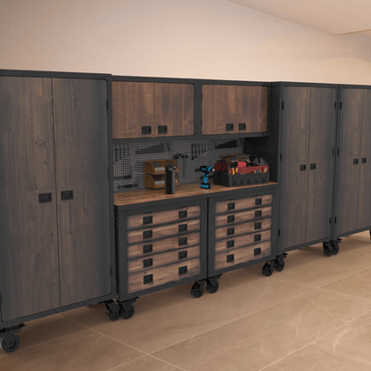 Duramax 7-Piece Garage Storage Combo Set w/ Tool Chests, Wall Cabinets and Free Standing Cabinets 7P2TC2WC3FC in a garage