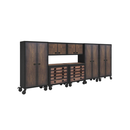 Duramax 7-Piece Garage Storage Combo Set w/ Tool Chests, Wall Cabinets and Free Standing Cabinets 7P2TC2WC3FC in industrial style.