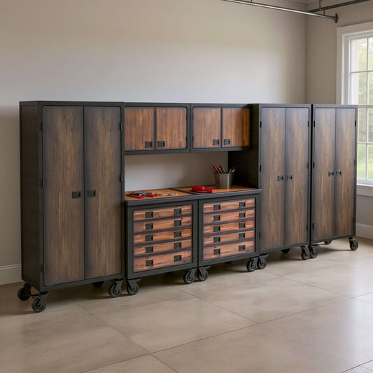 Duramax 7-Piece Garage Storage Combo Set w/ Tool Chests, Wall Cabinets and Free Standing Cabinets 7P2TC2WC3FC in industrial design. 