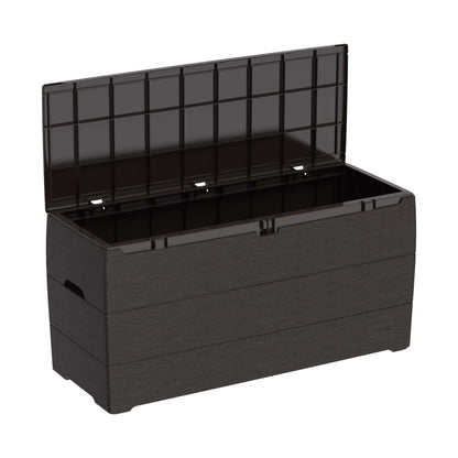 Duramax 71 Gallon Deck Box in brown with lid open, showcasing spacious storage for outdoor use.